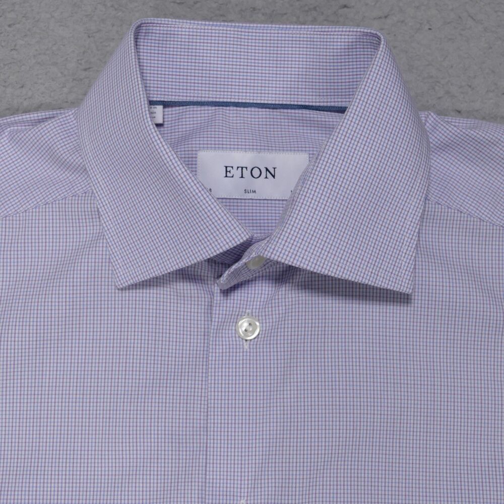 Eton Dress Shirt Mens 15 Slim Blue Pink Plaid Long Sleeve - Picture 2 of 15